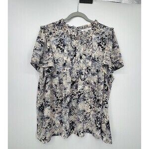 Rose + Olive Top Sz 2X Blue Floral Cottagecore Pleated Front Ruffle Feminine